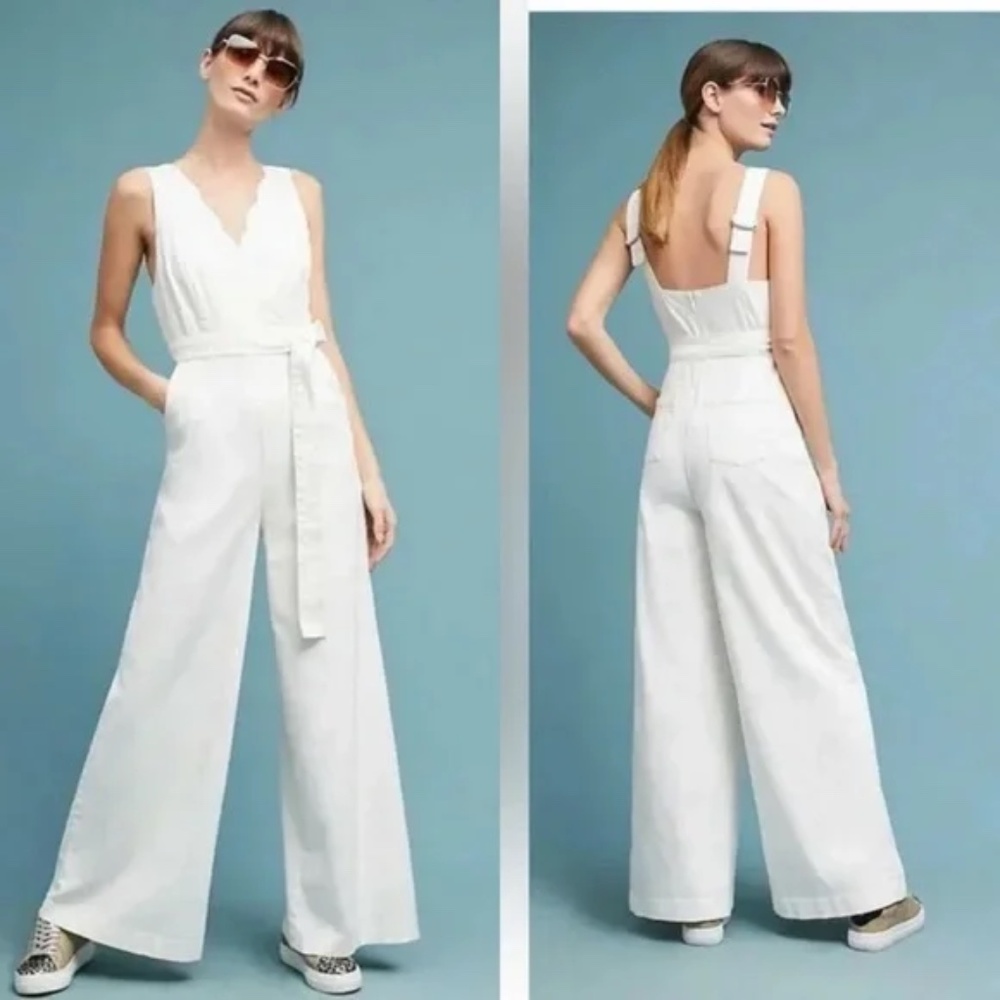 Chino By Anthropologie White Belted Scalloped Jumpsuit Size 6 Womens